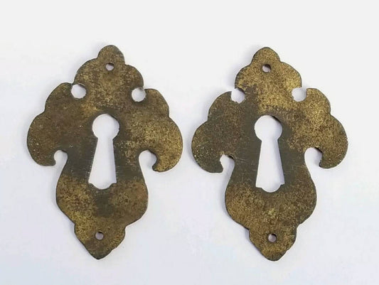 2 Small Antique French Brass Escutcheon Hardware Ornate Fancy Keyhole Cover Escutcheon, French Country, Chippendale Batwing approx 2" #E22