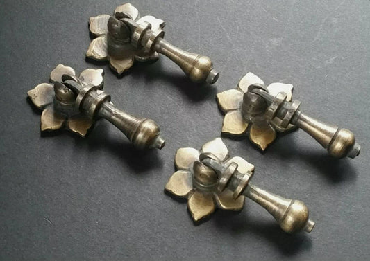 4 Antique Style Solid Brass Tear Drop Pendant Handles Pulls Knobs w. screws 2 1/2" long with 1 3/8" dia. Floral Backplate .un-laquered.#H4