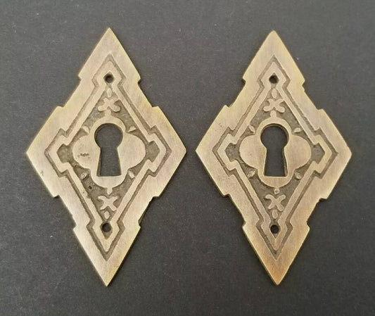 2 Vintage Antique Style East Lake Victorian Diamond Shape Escutcheons Skeleton Key Hole Covers 2"tall #E23