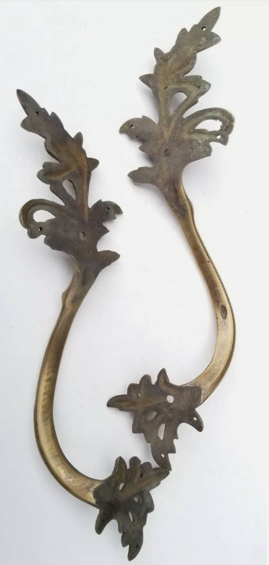 Set Left and Right Large French Louis XIV Rococo, French Provincial Door or Cabinet Handles in Solid Brass 9"Tall. Unlaquered #P6