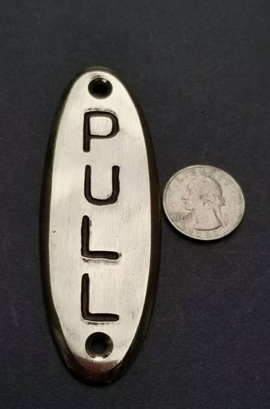 PULL Door or Bell sign Antique Style Art Deco POLISHED Solid Brass 4" #F13s