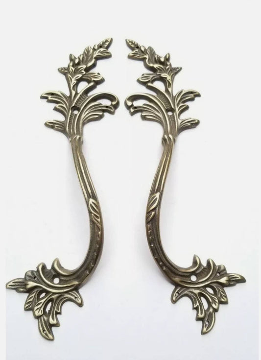 Set Left and Right Large French Louis XIV Rococo, French Provincial Door or Cabinet Handles in Solid Brass 9"Tall. Unlaquered #P6