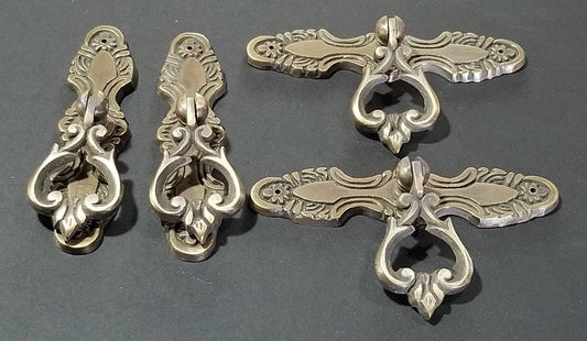 4 x Antique Style Ornate Tear Drop Pendant Solid Brass Handle Pulls w. Bolts 3-3/4" Floral Vertical or Horizontal Backplate #H9
