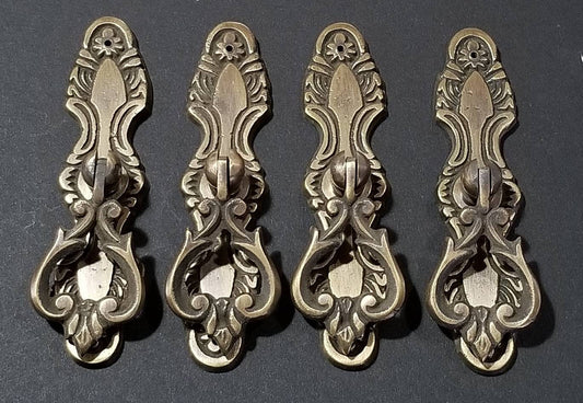4 x Antique Style Ornate Tear Drop Pendant Solid Brass Handle Pulls w. Bolts 3-3/4" Floral Vertical or Horizontal Backplate #H9