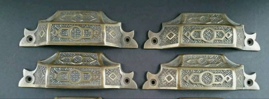 4 x Antique Vintage Style Solid Brass Victorian Eastlake Apothecary Bin Pull Handles 4-9/16" wide (3-3/4" centers) #A6