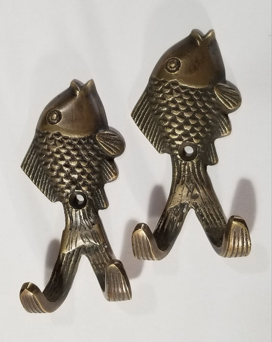 2 Vintage Style FISH HOOKS Solid Brass Coat Hat Towel Hanger, gift idea, fishing, fisherman 3".unlaquered. #C23