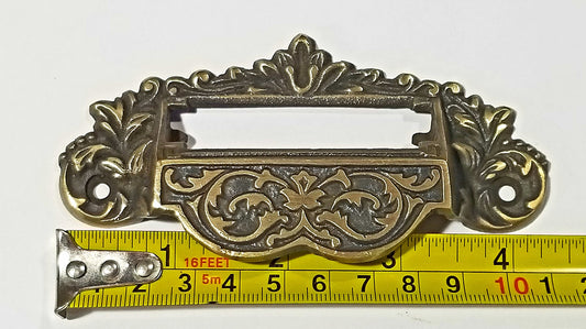 4 x Vintage Antique Style Victorian solid brass Victorian Apothecary Bin Pull Handles with label file holder slot,storage 3-3/4" centers #A7