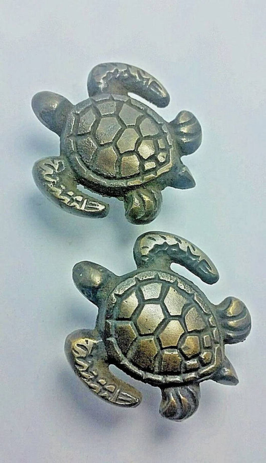 2 x Sea Turtle Brass Knobs Ocean Beach Seaside Hardware 1 3/4" long.Unlaquered. #K10