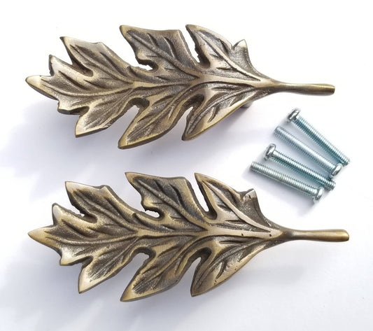 2 x Unique Antique Style solid brass Oak Leaf handles 4"long #P8