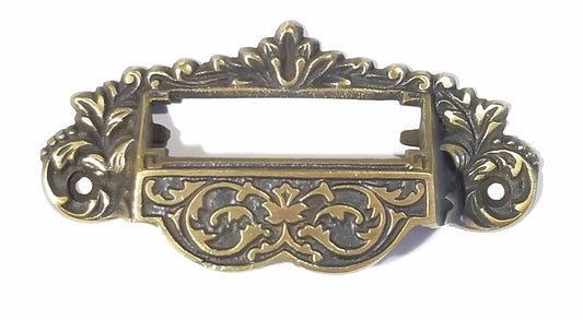 vintage antique style victorian solid brass Victorian Apothecary Bin Pull Handles with label,file holder slot,storage 3-3/4" centers #A7