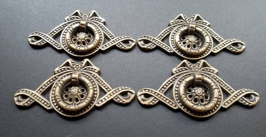 4x Antique Vintage Ornate Ribbon and Bow Brass Handle Pulls 3-5/16"w. #H22