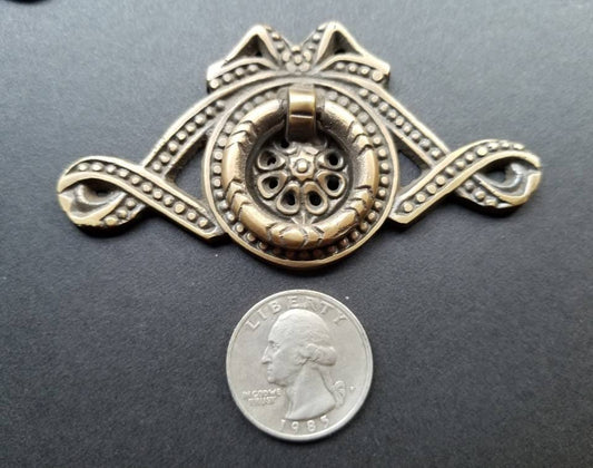 Antique Vintage Ornate Ribbon and Bow Brass Handle Pulls 3-5/16"w. #H22