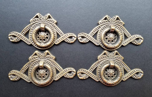4x Antique Vintage Ornate Ribbon and Bow Brass Handle Pulls 3-5/16"w. #H22