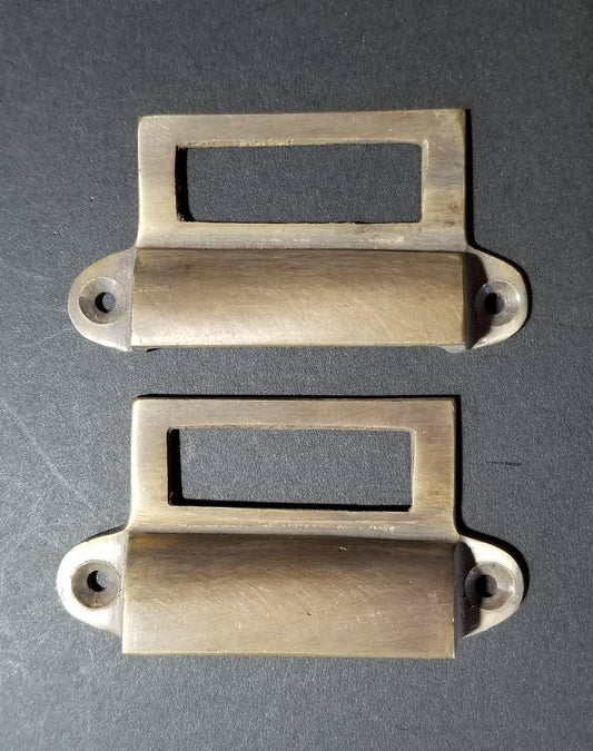2 x Antique Vtg. Style Card File Cabinet Handle, File Label Holders with Cup Bin Pull, Organizing label windows 2-3/4" cntr (3-1/4"w) #A17
