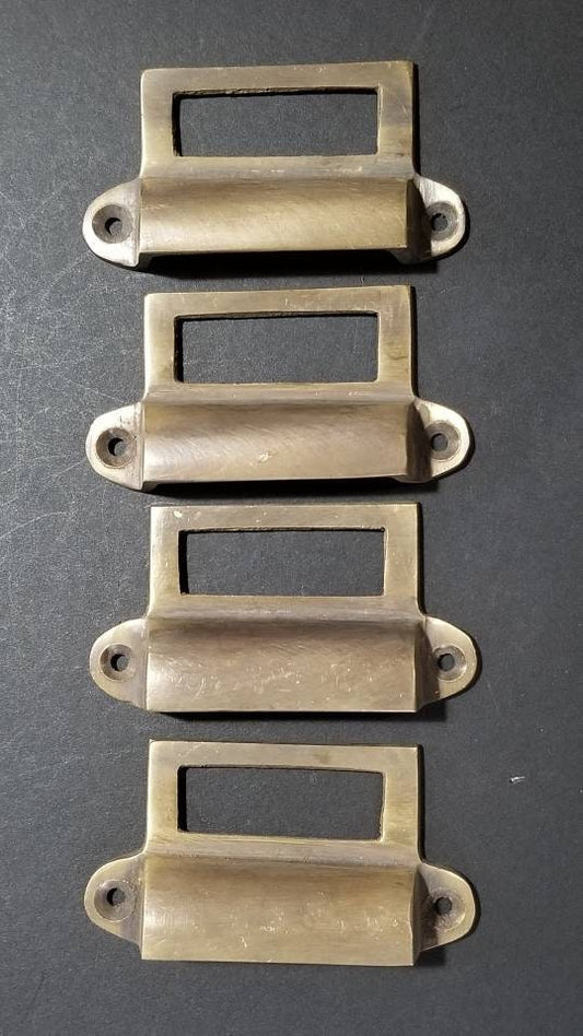 4 x Antique Vtg. Style Card File Cabinet Handle, File Label Holders with Cup Bin Pull, Organizing label windows 2-3/4" cntr (3-1/4"w) #A17
