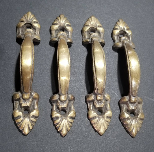 4 x French Ornate Antique Style Cabinet Drawer Pull Handles 4-3/8" solid brass #P4.Unlaquered.