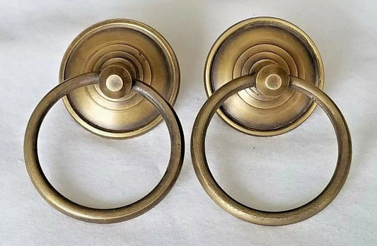 2 Rustic Antique Style Brass Round Ring Pull Handles Backplate 1-3/8"dia x Ring Pull 1-3/4"dia .Unlaquered. #H45