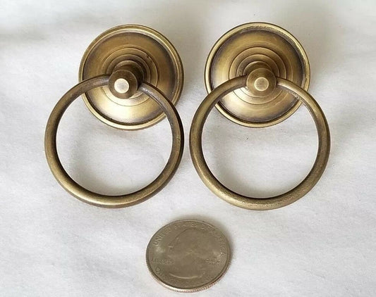 2 Rustic Antique Style Brass Round Ring Pull Handles Backplate 1-3/8"dia x Ring Pull 1-3/4"dia .Unlaquered. #H45