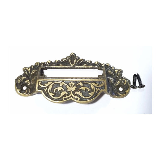 vintage antique style victorian solid brass Victorian Apothecary Bin Pull Handles with label,file holder slot,storage 3-3/4" centers #A7