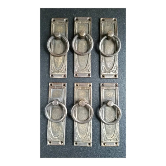 6 x Ornate Brass Ring Pull Handles w. Acanthus Leaf design vertical.Antique style.Unlaquered.                                 3 3/4"   #H36