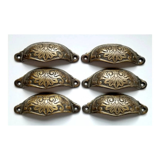 6 Solid Brass Victorian Antique Style Ornate Cabinet Apothecary Drawer Bin Pull Handles 4-1/8"wide (3-1/2"centers) Unlaquered.#A1