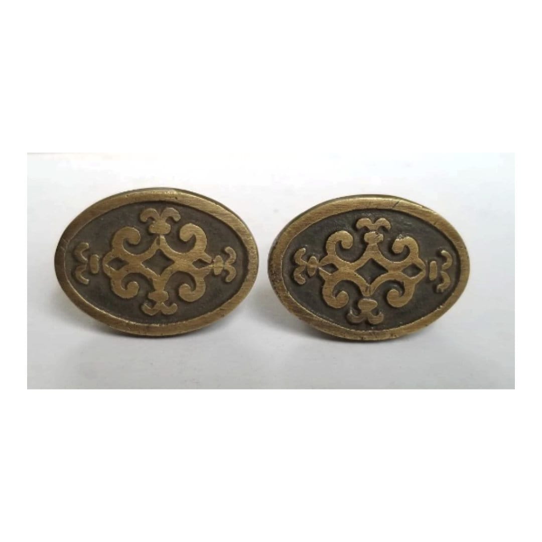 2 Antique Style Ornate Solid Brass Oval Knobs Pulls Cabinet Dresser w bolts #Z14