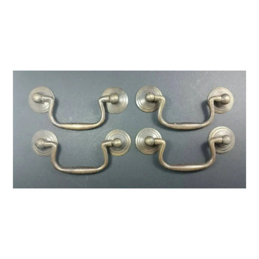 4 x Antique style Solid Brass Swan Neck Bails Cabinet Drawer Pull handles w Bolts approx. 3"cntr.Unlaquered. #H39