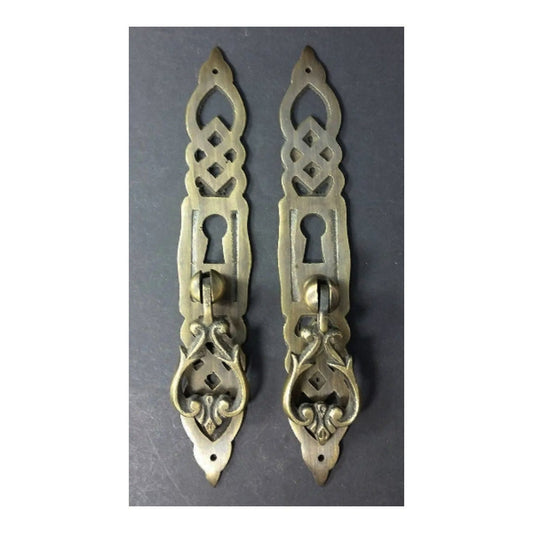 2 x Large Ornate Vertical Brass Handle Drawer Pulls knobs 5 3/8" x 7/8" #H37