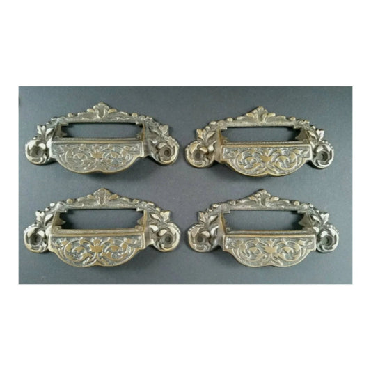 4 x Vintage Antique Style Victorian solid brass Victorian Apothecary Bin Pull Handles with label file holder slot,storage 3-3/4" centers #A7