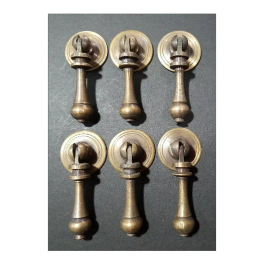 6 x Antique Style Solid Brass Tear Drop Pendant Handle Pulls Knobs w. bolts approx 1" round Backplate .Unlaquered. #H3