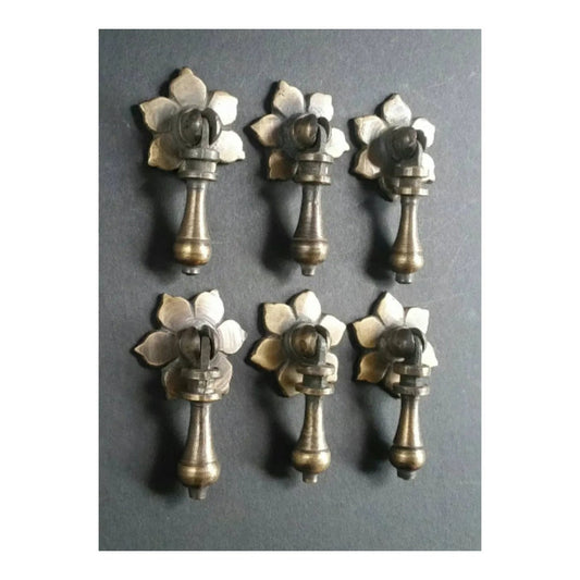 6 x Antique Style Solid Brass Tear Drop Pendant Handles Pulls Knobs w. screws 2 1/2" long with 1 3/8" dia. Floral Backplate Unlaquered. #H4