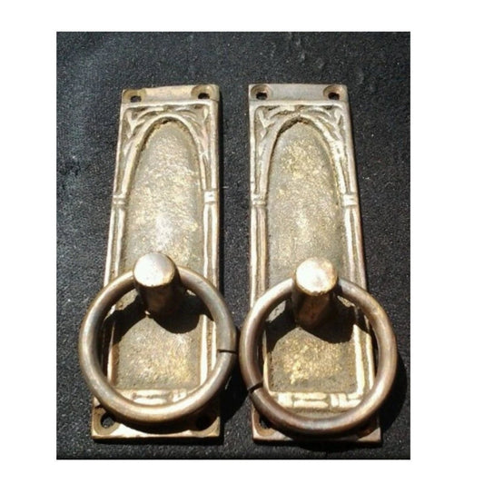 2 x Vintage Antique Style Solid Brass Ring Pull Handles Vertical mount approx. 3-1/4"tall x1"wide.Unlaquered.  #H36
