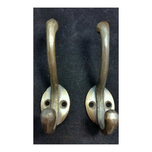 2 x Solid Antique Brass Double Coat Hooks w. Oval Backplate 3" x 2" #C9