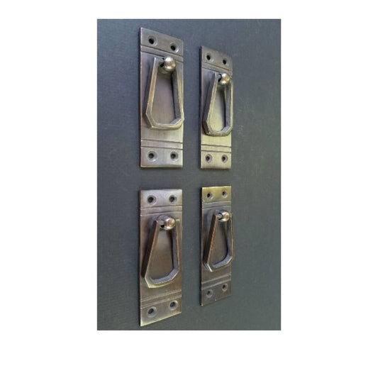 4 x Arts and Crafts, Mission Frank Lloyd Wright style brass handle pull antique style hardware.Cabinet restore. Unlaquered. 3 3/8" long #H34