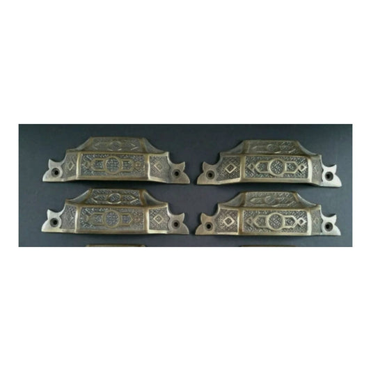 4 x Antique Vintage Style Solid Brass Victorian Eastlake Apothecary Bin Pull Handles 4-9/16" wide (3-3/4" centers) #A6