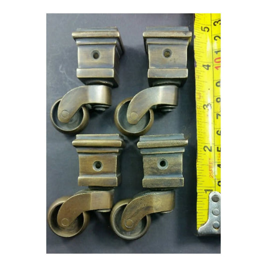 Set of 4 Vintage style Solid Brass Strong Furniture Swivel Caster Wheels w Brass Square Leg Cap Industrial, Antique Style 3/4" opening . #W1