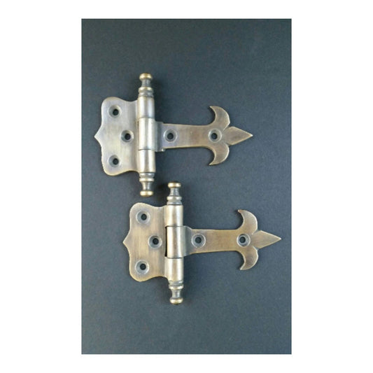 2 x Antique Brass Fleur de Lis Finial Tip Door, Cabinet, Box, Rat Tail Hinges 3 1/2" #Q1