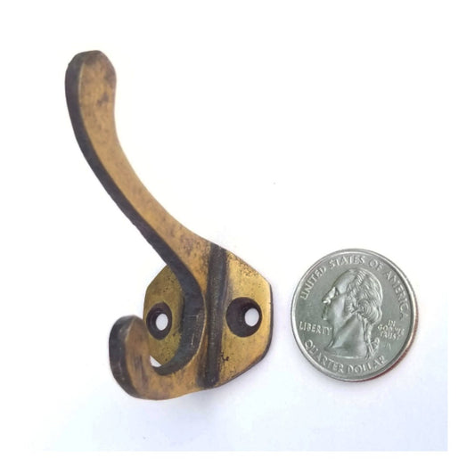 6 x Antique Vintage Style Solid Brass Coat, Hat, Towel Double Hooks with 6 sided backplate 2 1/4" long #C3
