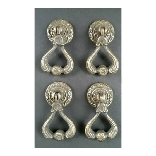 4 x Ornate Antiqued Brass Handles Pulls w Detailed Drop Ring Victorian, Classic, French Antique Vintage Style 2-1/4" long overall #H11