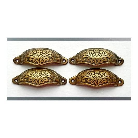 4 Solid Brass Victorian Antique Style Ornate Cabinet Apothecary Drawer Bin Pull Handles 4-1/8"wide (3-1/2"centers).Unlaquered #A1