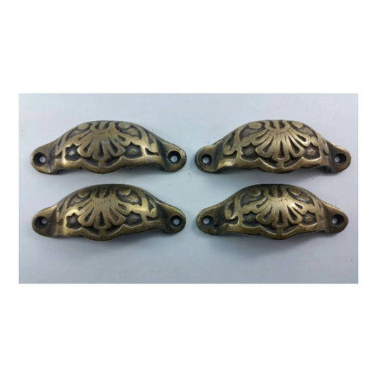 4 x Apothecary Cabinet Drawer Bin Pull Handles 3-9/16" wide Solid Ornate Brass #A2