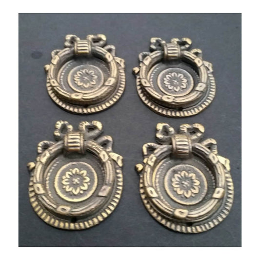 4 x Decorative Classic Laurel Leaf Ribbon Bow and Wreath round ring handles, pulls, knobs in solid brass.cabinet.furniture.Unlaquered. #H23