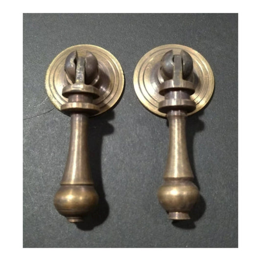 2 x Antique Style Solid Brass Tear Drop Pendant Handles Pulls Knobs w. bolts approx. 1" round Backplate #H3