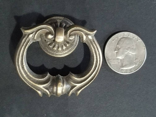 2 x Ornate Solid Brass Ring Pull Handle with Detailed Drop Ring and Backplate Antique Vintage Style 1-3/4", Superb quality #H10