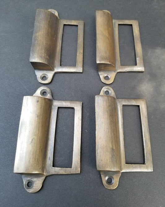 4 x Antique Vintage Card File Cabinet Handle, File Label Holders with Cup Bin Pull Handles, Organizing label 3-1/4" wide overall #A17
