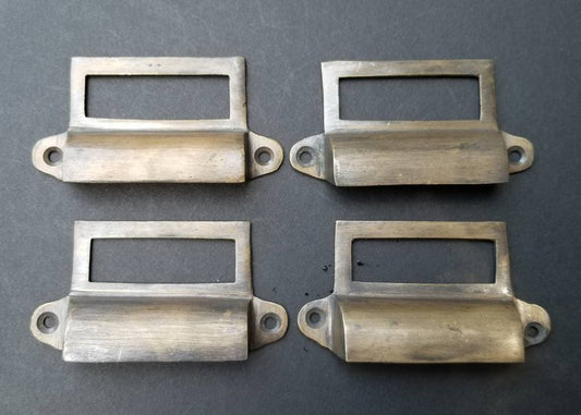 4 x Antique Vintage Card File Cabinet Handle, File Label Holders with Cup Bin Pull Handles, Organizing label 3-1/4" wide overall #A17