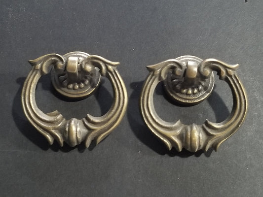 2 x Ornate Solid Brass Ring Pull Handle with Detailed Drop Ring and Backplate Antique Vintage Style 1-3/4", Superb quality #H10