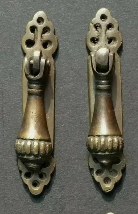 2 x Antique Vintage Style Victorian Vertical Mount Ornate Drop Pulls Handles Solid Brass 2-7/8" long #H6