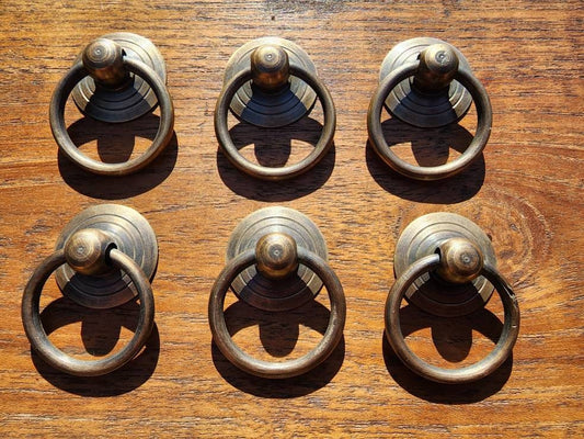 6 x Simple Round 1" dia. Tarnished Brass Antique Vintage Ring Pull, Drawer Handles, Cabinet Hardware.Unlaquered. #H17