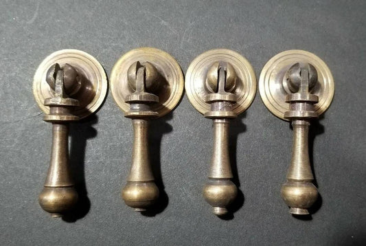 4 x Antique Style Solid Brass Tear Drop Pendant Handle Pulls Knobs w. bolts approx 1" round Backplate Unlaquered. #H3